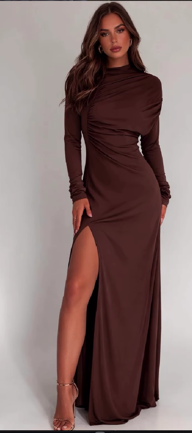 Chocolate tone sleek high neck maxi dress